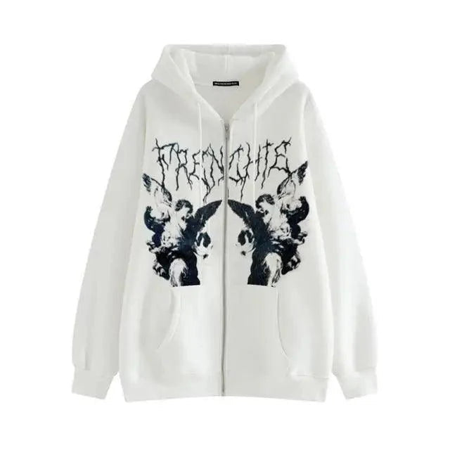 New Trendy Vintage Hip Hop Streetwear Women Hoodies Angel Dark Print Zipper Jacket Coat Hooded Top Clothes Men Women Punk Outwear Stevvex