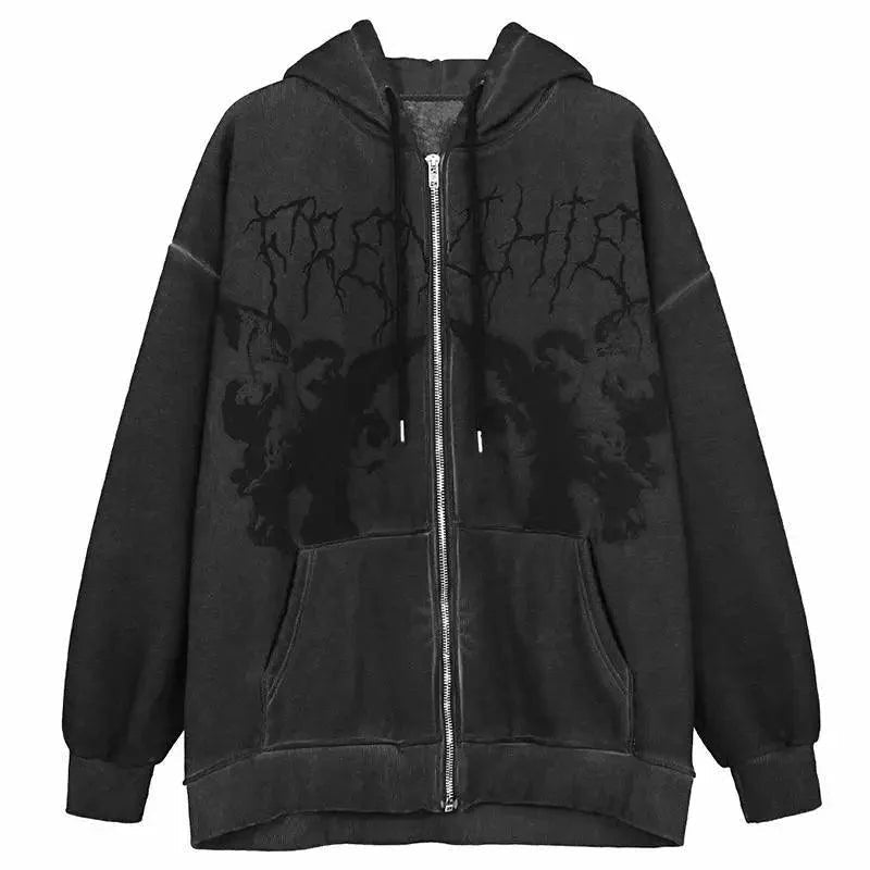New Trendy Vintage Hip Hop Streetwear Women Hoodies Angel Dark Print Zipper Jacket Coat Hooded Top Clothes Men Women Punk Outwear Stevvex
