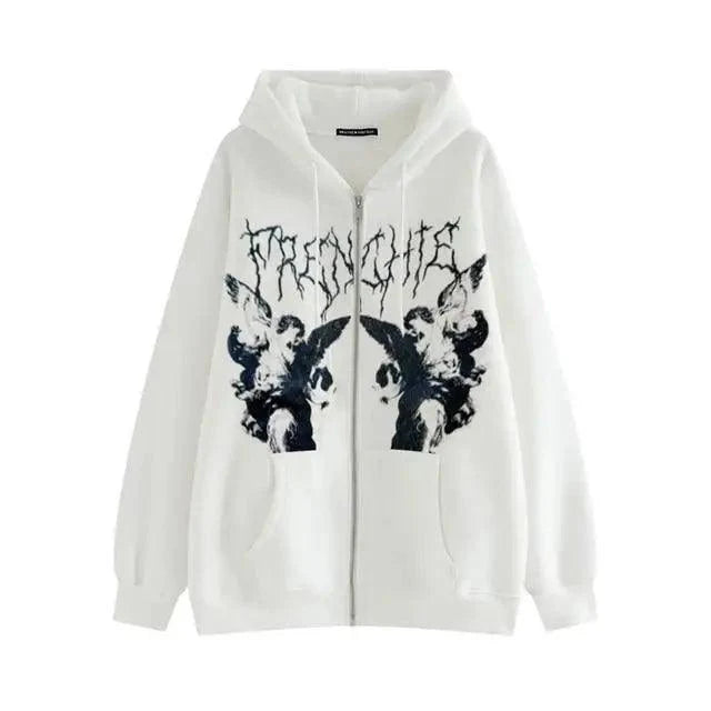 New Trendy Vintage Hip Hop Streetwear Women Hoodies Angel Dark Print Zipper Jacket Coat Hooded Top Clothes Men Women Punk Outwear Stevvex