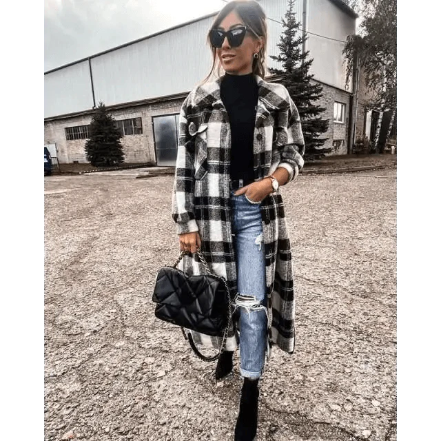 New Trendy Women's Coat Autumn Winter Long Sleeve Red Plaid Jacket Women Lapel Single Breasted Cardigan Coat Turndown Collar Women Coat Stevvex