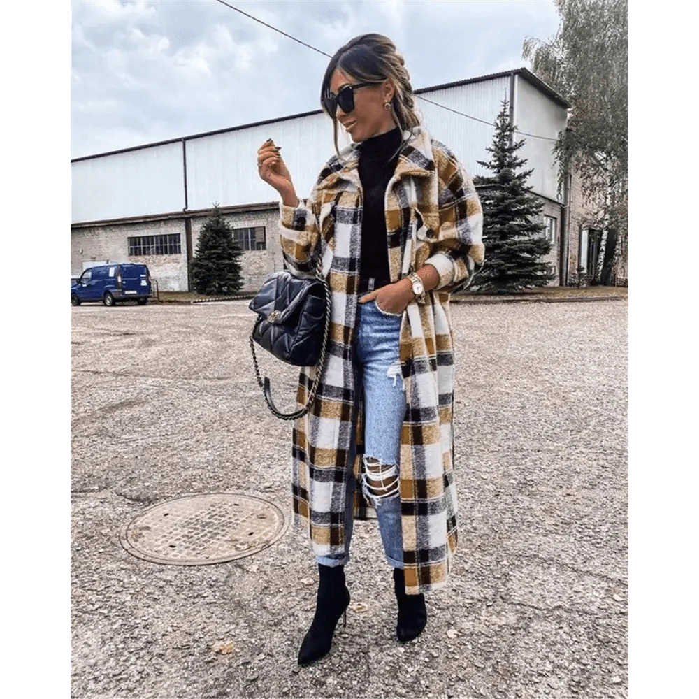 New Trendy Women's Coat Autumn Winter Long Sleeve Red Plaid Jacket Women Lapel Single Breasted Cardigan Coat Turndown Collar Women Coat Stevvex