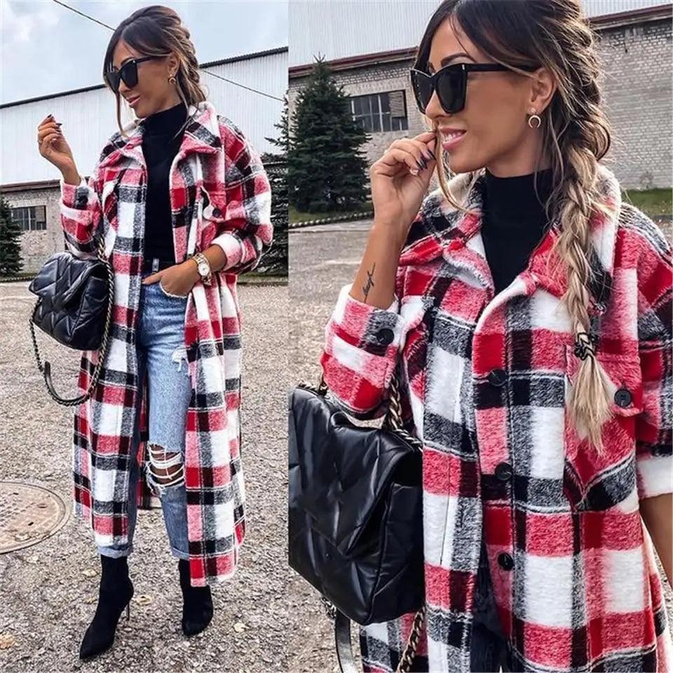 New Trendy Women's Coat Autumn Winter Long Sleeve Red Plaid Jacket Women Lapel Single Breasted Cardigan Coat Turndown Collar Women Coat Stevvex