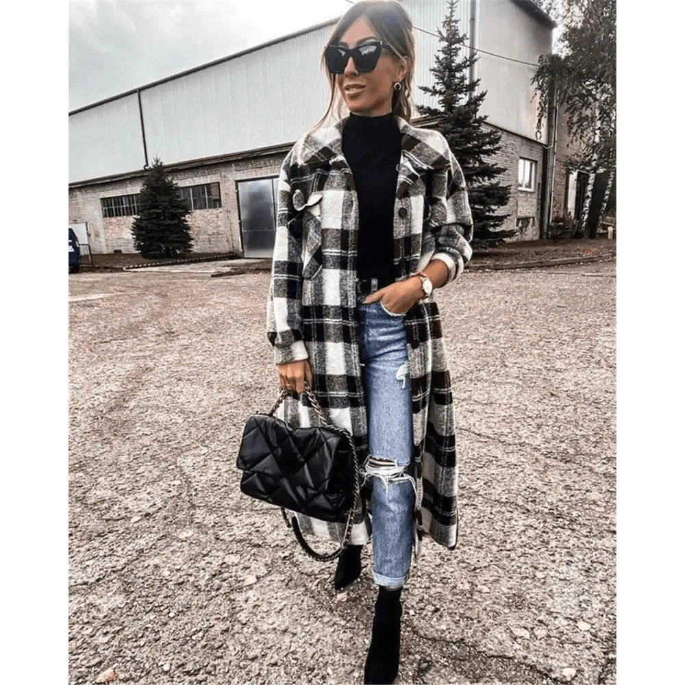 New Trendy Women's Coat Autumn Winter Long Sleeve Red Plaid Jacket Women Lapel Single Breasted Cardigan Coat Turndown Collar Women Coat Stevvex
