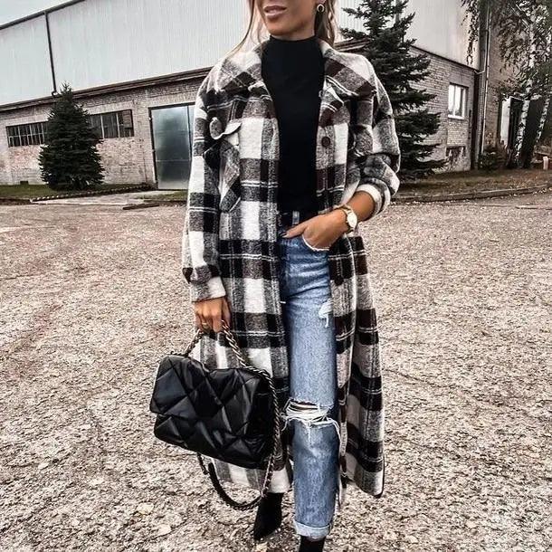 New Trendy Women's Coat Autumn Winter Long Sleeve Red Plaid Jacket Women Lapel Single Breasted Cardigan Coat Turndown Collar Women Coat Stevvex