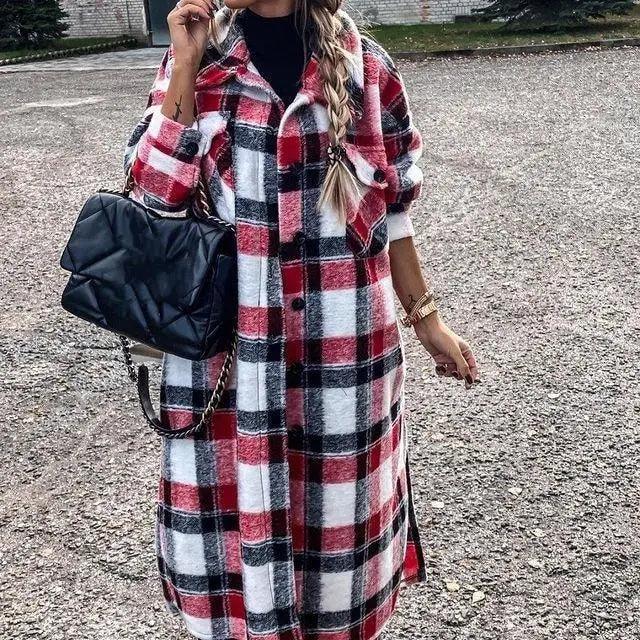 New Trendy Women's Coat Autumn Winter Long Sleeve Red Plaid Jacket Women Lapel Single Breasted Cardigan Coat Turndown Collar Women Coat Stevvex