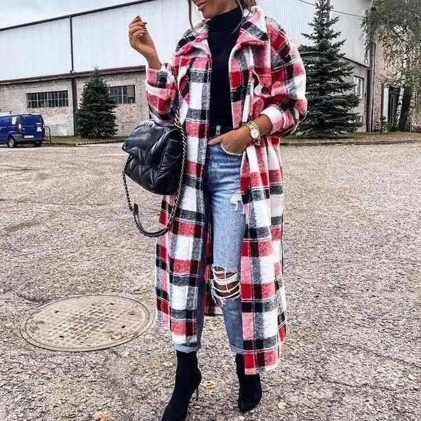 New Trendy Women's Coat Autumn Winter Long Sleeve Red Plaid Jacket Women Lapel Single Breasted Cardigan Coat Turndown Collar Women Coat Stevvex