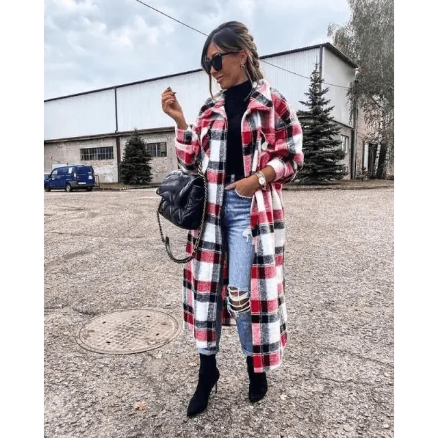 New Trendy Women's Coat Autumn Winter Long Sleeve Red Plaid Jacket Women Lapel Single Breasted Cardigan Coat Turndown Collar Women Coat Stevvex