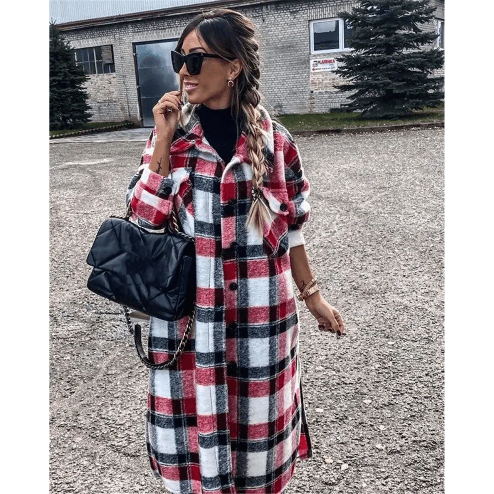 New Trendy Women's Coat Autumn Winter Long Sleeve Red Plaid Jacket Women Lapel Single Breasted Cardigan Coat Turndown Collar Women Coat Stevvex