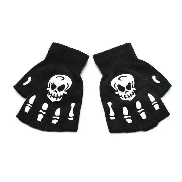 New TrendyHalf Finger Gloves Glow  Dark Fingerless Stretch Knitted Winter Mittens Men/Women's Skeleton Pattern Knit Gloves Fingerless Gloves Stevvex