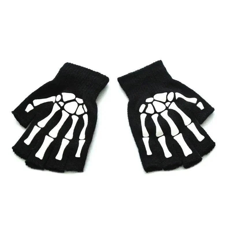 New TrendyHalf Finger Gloves Glow  Dark Fingerless Stretch Knitted Winter Mittens Men/Women's Skeleton Pattern Knit Gloves Fingerless Gloves Stevvex