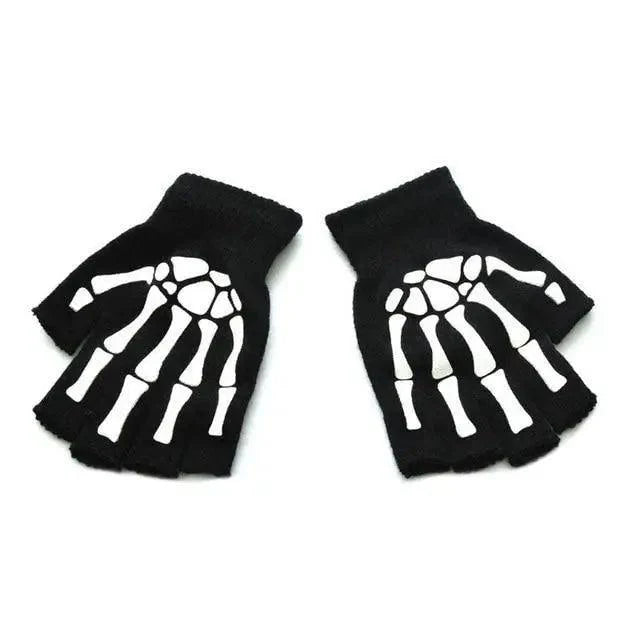 New TrendyHalf Finger Gloves Glow  Dark Fingerless Stretch Knitted Winter Mittens Men/Women's Skeleton Pattern Knit Gloves Fingerless Gloves Stevvex