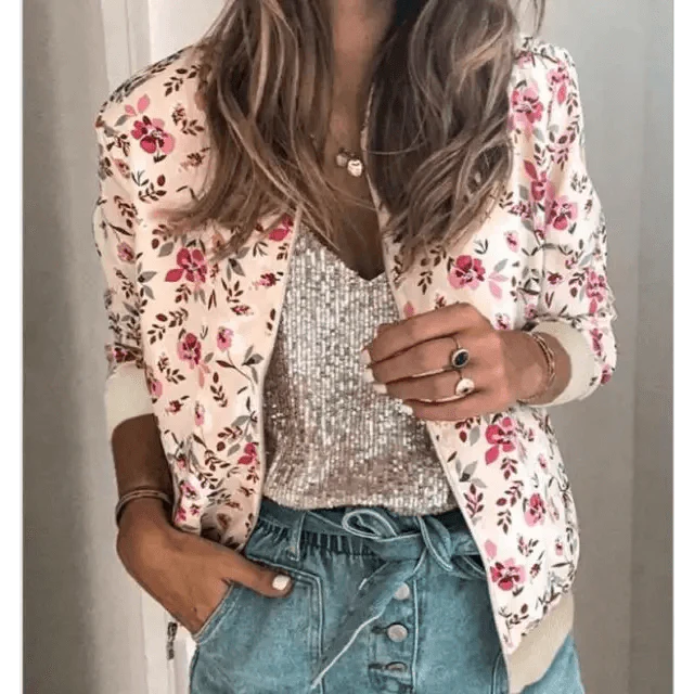 New Vintage Style Autumn Plus Size Printed Bomber Jacket For Women Pockets Zipper Long Sleeve Coat For Female Flower Chiffon White Jacket Woman Stevvex