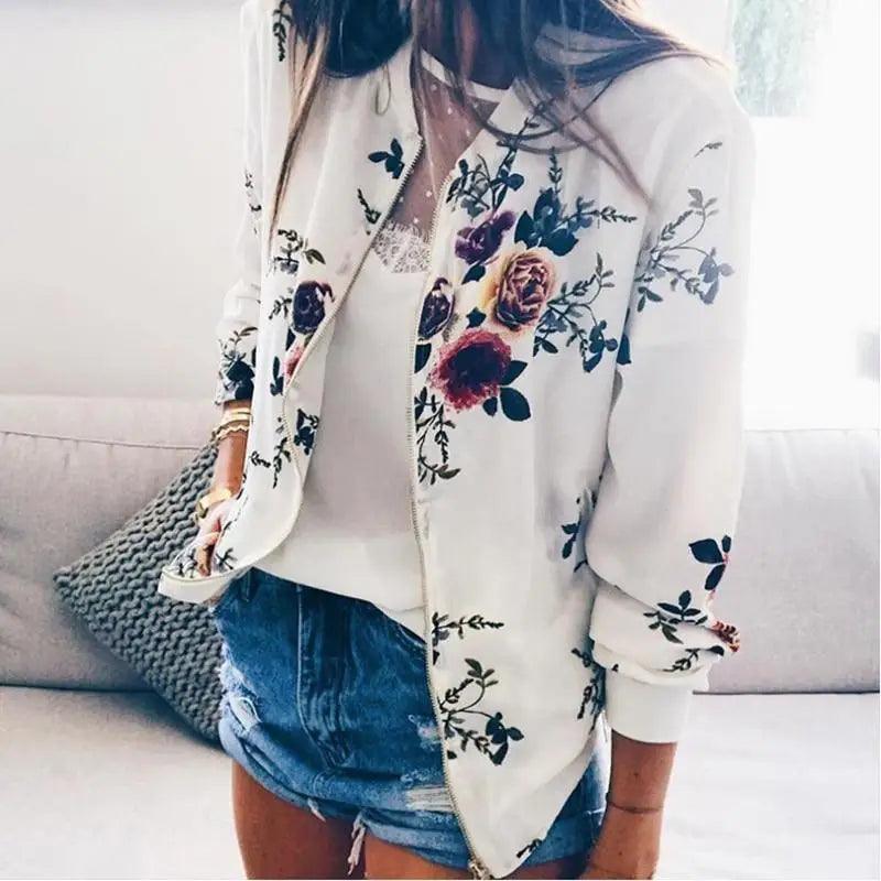 New Vintage Style Autumn Plus Size Printed Bomber Jacket For Women Pockets Zipper Long Sleeve Coat For Female Flower Chiffon White Jacket Woman Stevvex