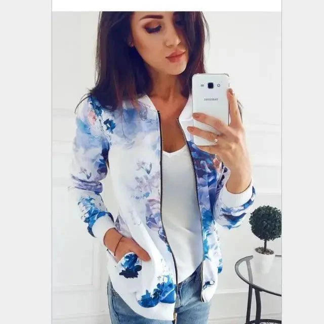 New Vintage Style Autumn Plus Size Printed Bomber Jacket For Women Pockets Zipper Long Sleeve Coat For Female Flower Chiffon White Jacket Woman Stevvex