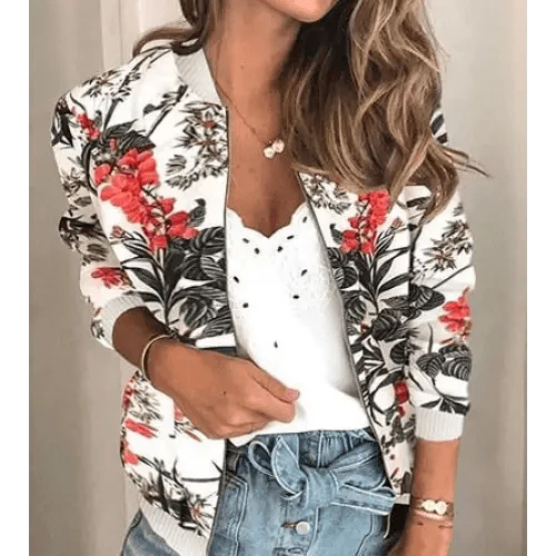 New Vintage Style Autumn Plus Size Printed Bomber Jacket For Women Pockets Zipper Long Sleeve Coat For Female Flower Chiffon White Jacket Woman Stevvex