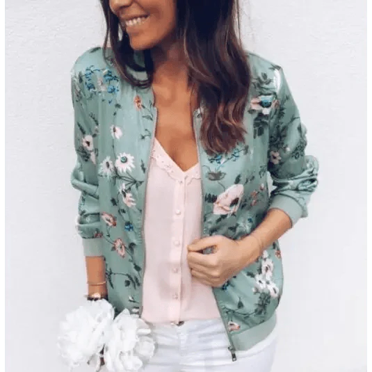 New Vintage Style Autumn Plus Size Printed Bomber Jacket For Women Pockets Zipper Long Sleeve Coat For Female Flower Chiffon White Jacket Woman Stevvex