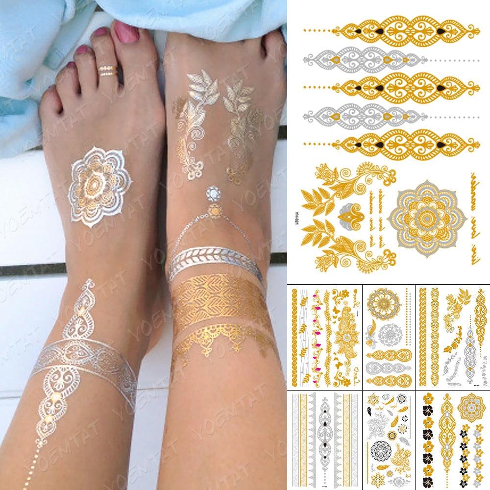 New Waterproof Temporary Tattoo Sticker Golden Silver Flower Jewelry Flash Fashion Different Design Tattoos For Womens Stevvex