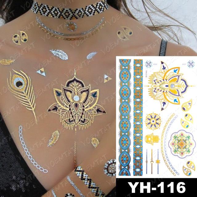 New Waterproof Temporary Tattoo Sticker Golden Silver Flower Jewelry Flash Fashion Different Design Tattoos For Womens Stevvex