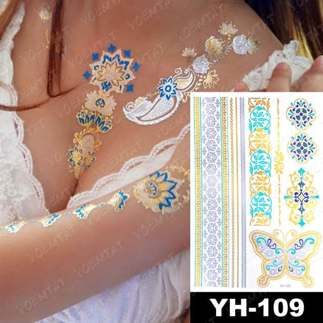New Waterproof Temporary Tattoo Sticker Golden Silver Flower Jewelry Flash Fashion Different Design Tattoos For Womens Stevvex