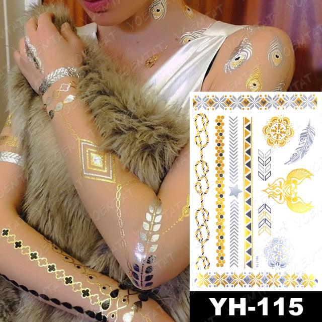 New Waterproof Temporary Tattoo Sticker Golden Silver Flower Jewelry Flash Fashion Different Design Tattoos For Womens Stevvex