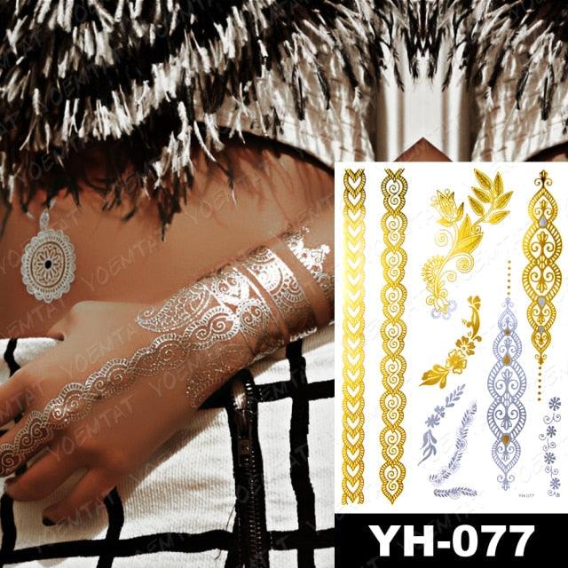 New Waterproof Temporary Tattoo Sticker Golden Silver Flower Jewelry Flash Fashion Different Design Tattoos For Womens Stevvex