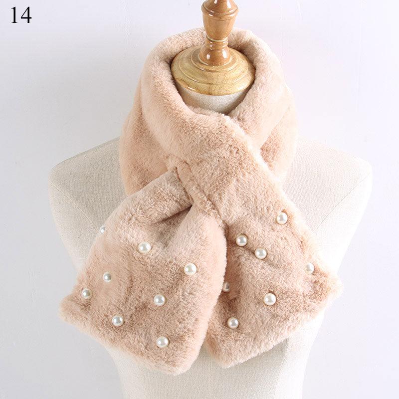 New Winter Solid Color Warm Thicken Soft Collar Scarf Faux Rabbit Fur Neckerchief Plush Warm Hot Scarfs Cross Collar Scarf Shawl Solid With Pearl Elegant For Women Stevvex
