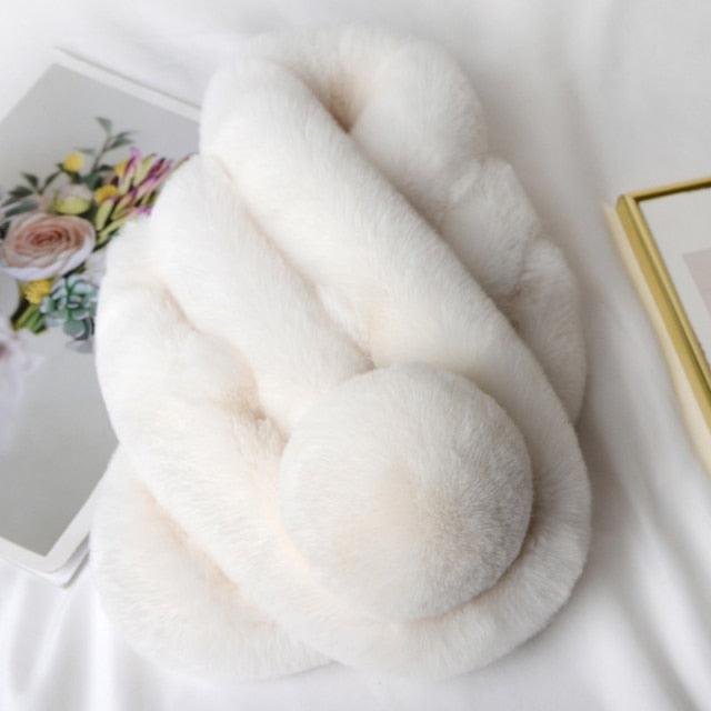 New Winter Solid Color Warm Thicken Soft Collar Scarf Faux Rabbit Fur Neckerchief Plush Warm Hot Scarfs Cross Collar Scarf Shawl Solid With Pearl Elegant For Women Stevvex
