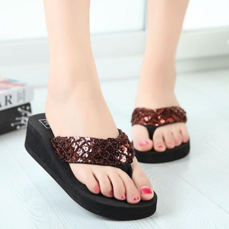 New Women Solid Slides Sandals Thickness Sequin Shoes Slippers Beach Shoes House Non-Slip Slippers Thick Sequin Sandals For Indoor Outdoor Breathable Shoes Stevvex