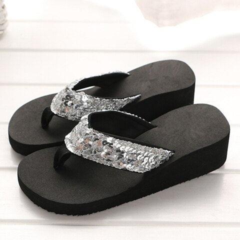 New Women Solid Slides Sandals Thickness Sequin Shoes Slippers Beach Shoes House Non-Slip Slippers Thick Sequin Sandals For Indoor Outdoor Breathable Shoes Stevvex