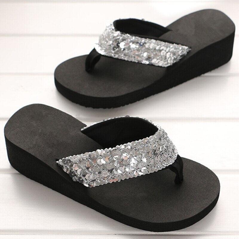 New Women Solid Slides Sandals Thickness Sequin Shoes Slippers Beach Shoes House Non-Slip Slippers Thick Sequin Sandals For Indoor Outdoor Breathable Shoes Stevvex