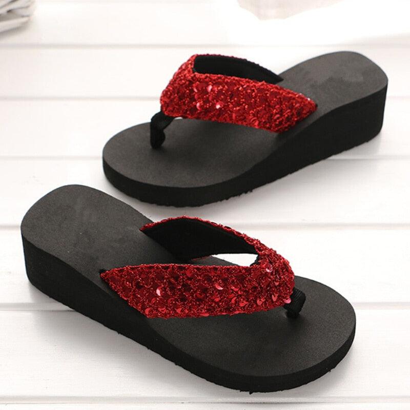 New Women Solid Slides Sandals Thickness Sequin Shoes Slippers Beach Shoes House Non-Slip Slippers Thick Sequin Sandals For Indoor Outdoor Breathable Shoes Stevvex