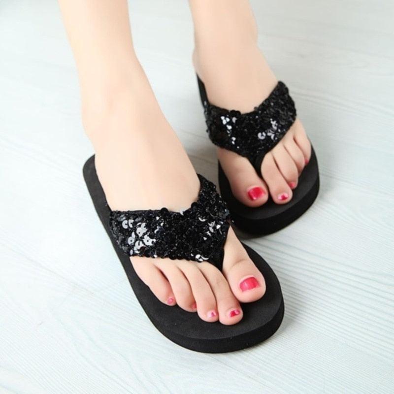 New Women Solid Slides Sandals Thickness Sequin Shoes Slippers Beach Shoes House Non-Slip Slippers Thick Sequin Sandals For Indoor Outdoor Breathable Shoes Stevvex