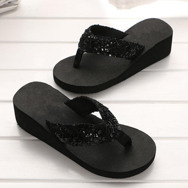 New Women Solid Slides Sandals Thickness Sequin Shoes Slippers Beach Shoes House Non-Slip Slippers Thick Sequin Sandals For Indoor Outdoor Breathable Shoes Stevvex