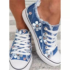 New Womens Comfortable Canvas Flats Flower Summer Fashion Lace-up Sneakers Casual Fashion Round Toe Vulcanized Shoes Women Casual Sneakers Stevvex