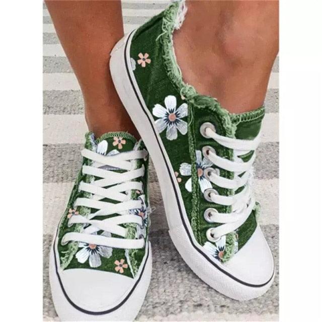 New Womens Comfortable Canvas Flats Flower Summer Fashion Lace-up Sneakers Casual Fashion Round Toe Vulcanized Shoes Women Casual Sneakers Stevvex