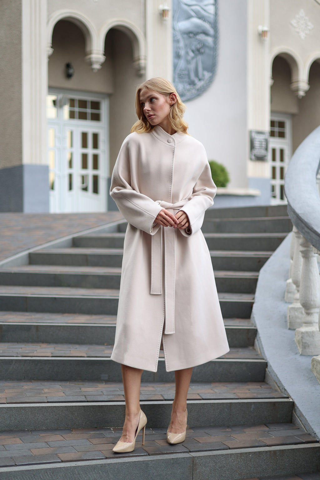 Band Collar Wool Blend Coat in Ivory - SJB-DIAMOND ELITES