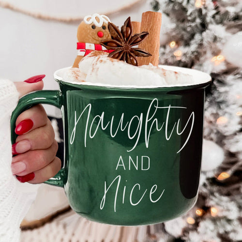 Naughty And Nice Coffee Mug Ceramic Campfire Style 14.5oz Red Or Green Double Side Design BandsCo Straps