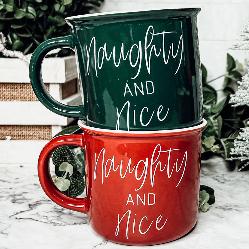 Naughty And Nice Coffee Mug Ceramic Campfire Style 14.5oz Red Or Green Double Side Design BandsCo Straps