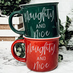 Naughty And Nice Coffee Mug Ceramic Campfire Style 14.5oz Red Or Green Double Side Design BandsCo Straps