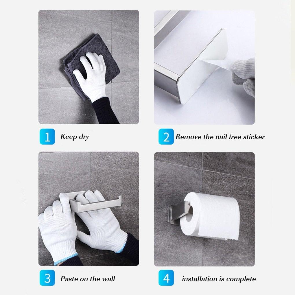 No-Drill Self Adhesive Toilet Paper Holder Stainless Steel Bathroom Kitchen Roll Paper Accessory Tissue Towel Rack Metal Holders Toilet Tissue Roll Holders Dispenser And Hangers Wall Mounted For Bathroom  Kitchen Stainless Steel Modern Square Style Stevvex