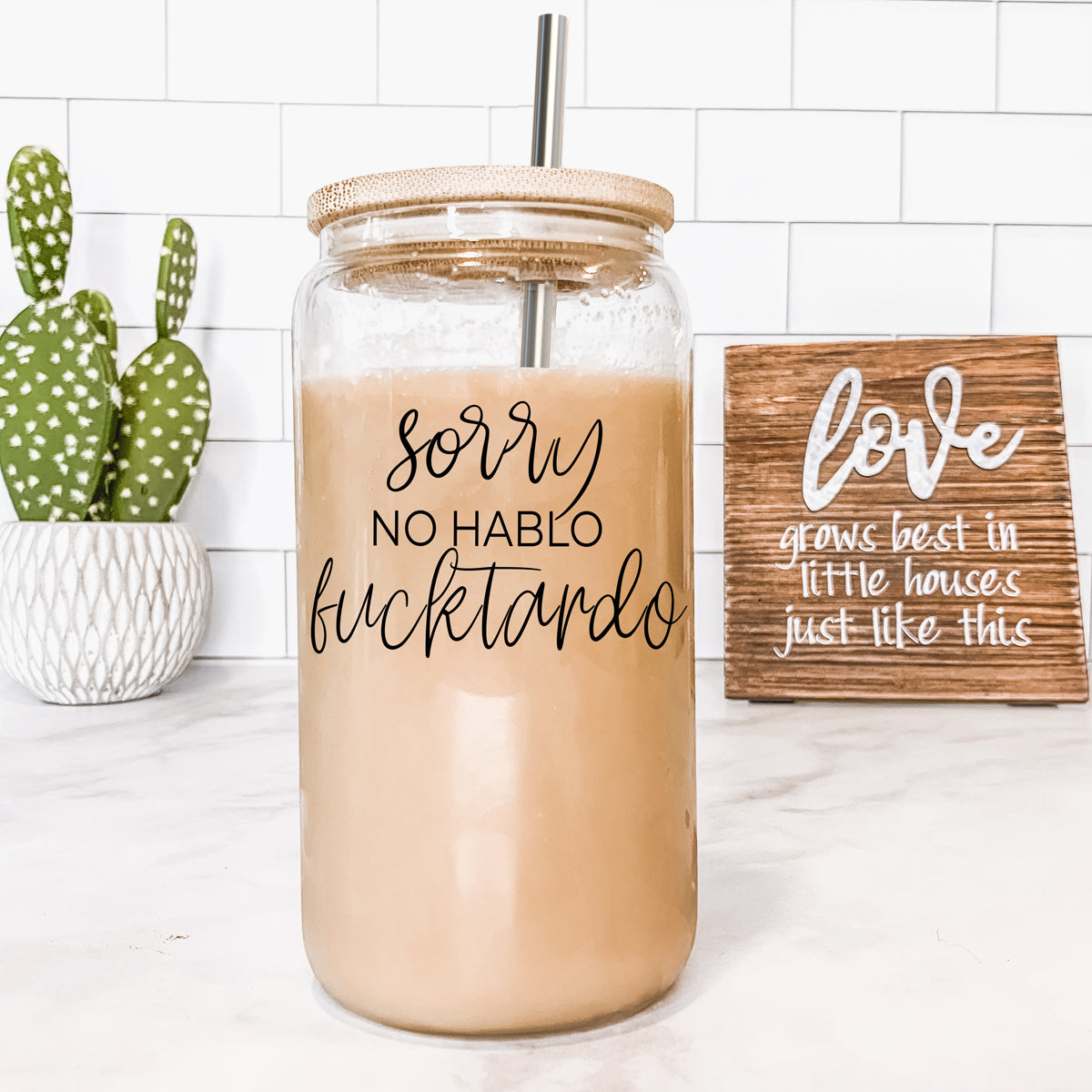 No Hablo 17oz Glass Tumbler With Bamboo Lid, 2 Stainless Straws And Cleaner BandsCo Straps