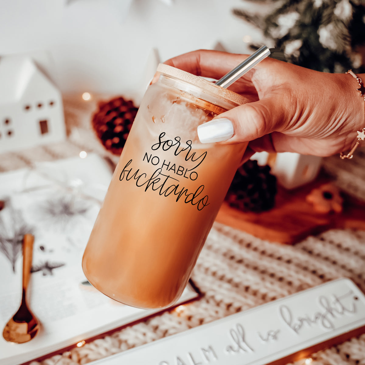 No Hablo 17oz Glass Tumbler With Bamboo Lid, 2 Stainless Straws And Cleaner BandsCo Straps