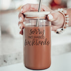 No Hablo 17oz Glass Tumbler With Bamboo Lid, 2 Stainless Straws And Cleaner BandsCo Straps