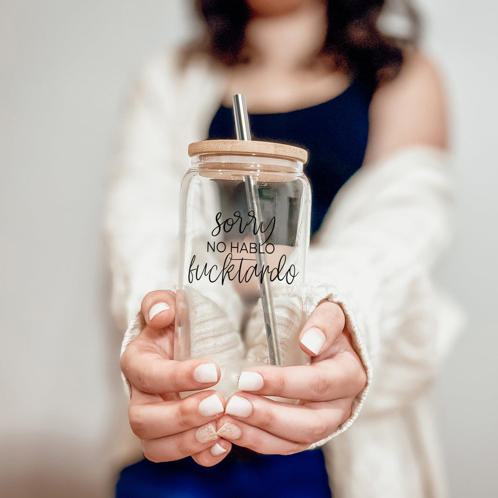 No Hablo 17oz Glass Tumbler With Bamboo Lid, 2 Stainless Straws And Cleaner BandsCo Straps