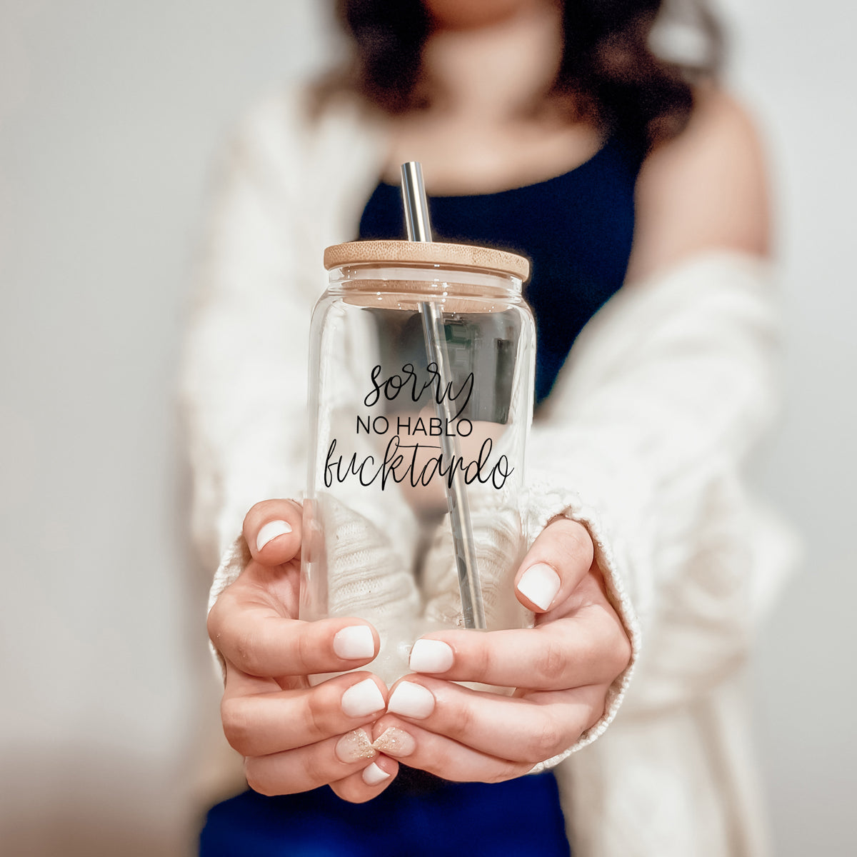 No Hablo 17oz Glass Tumbler With Bamboo Lid, 2 Stainless Straws And Cleaner BandsCo Straps