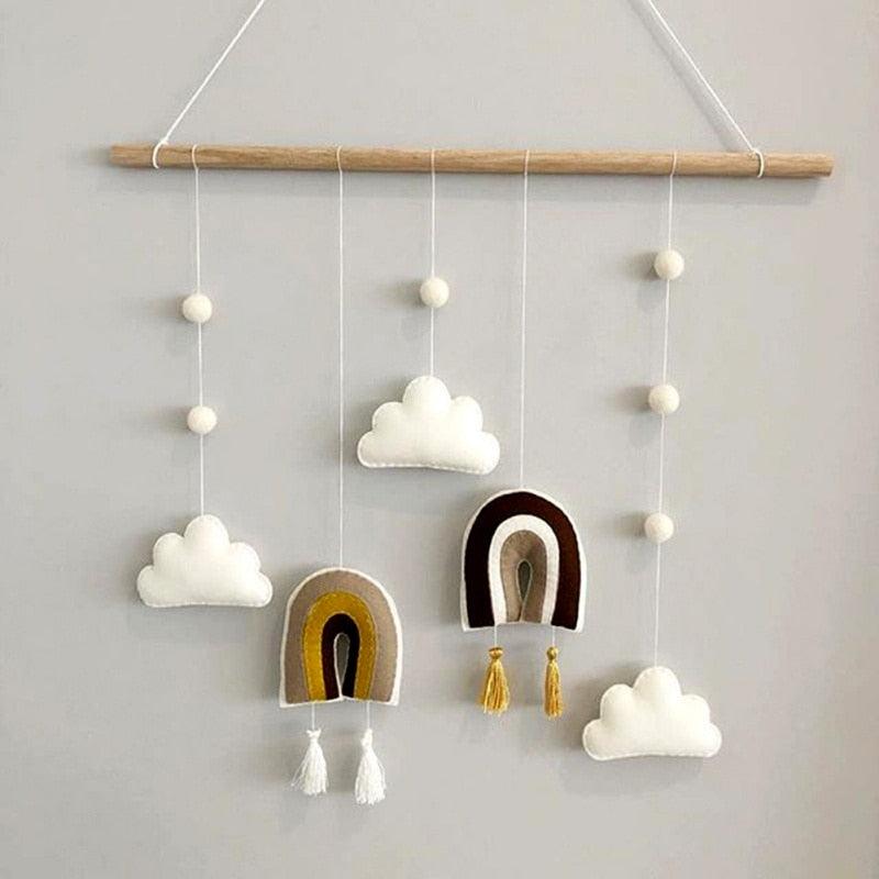 Nordic Healthier Style Cute Felt Clouds Shape Handmade Wall Hanging Fairy Tales Ornament Wooden Stick Tassel Pendant Hanging Ornaments For Kids Room Decoration Photography Props Stevvex