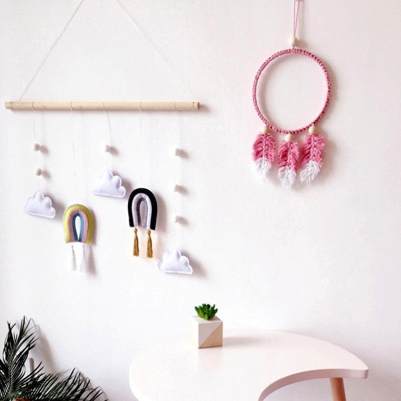 Nordic Healthier Style Cute Felt Clouds Shape Handmade Wall Hanging Fairy Tales Ornament Wooden Stick Tassel Pendant Hanging Ornaments For Kids Room Decoration Photography Props Stevvex