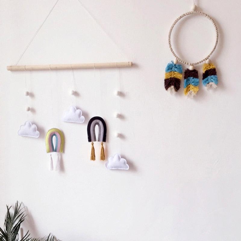 Nordic Healthier Style Cute Felt Clouds Shape Handmade Wall Hanging Fairy Tales Ornament Wooden Stick Tassel Pendant Hanging Ornaments For Kids Room Decoration Photography Props Stevvex