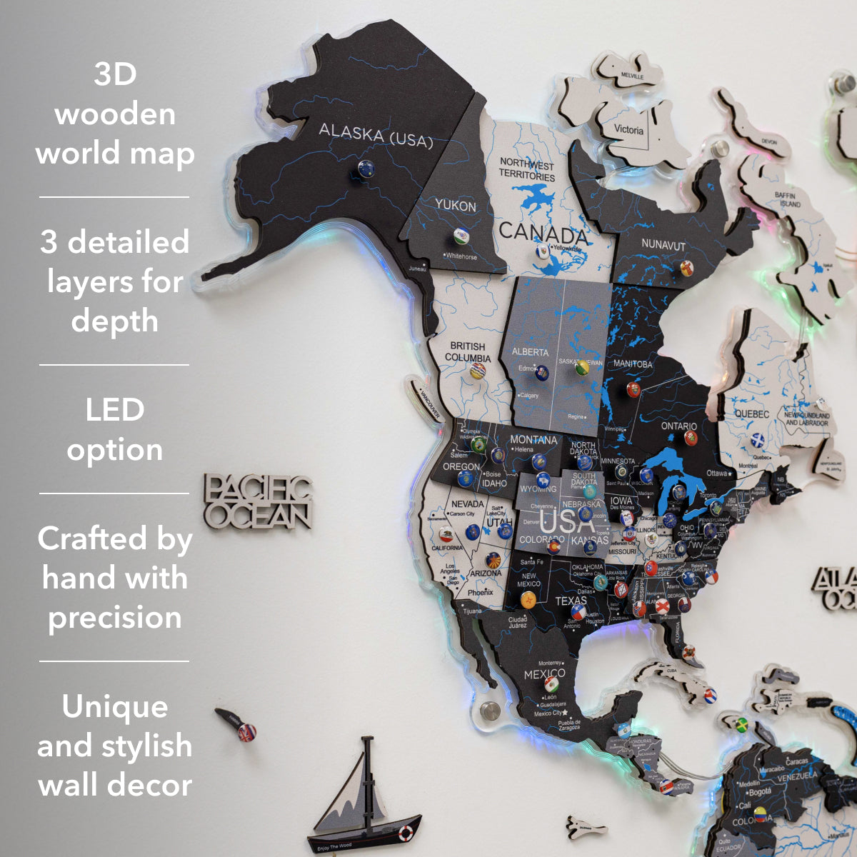 3D LUMINOUS LED Wooden World Map 2.0 Nordik - SJB-DIAMOND ELITES