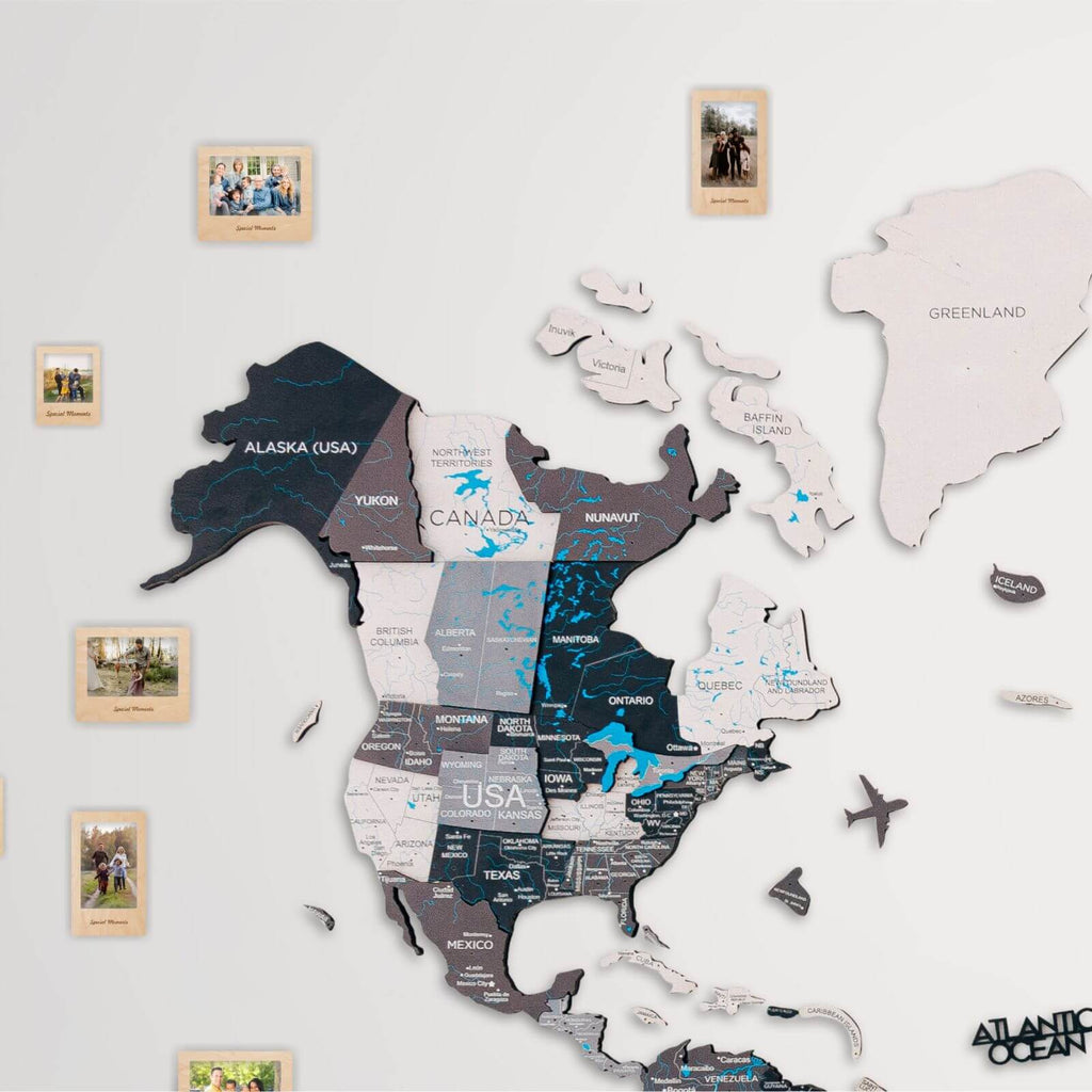 Bundle: Colored Map, Photo Frames, Flags and Airplanes Pins Enjoy The Wood